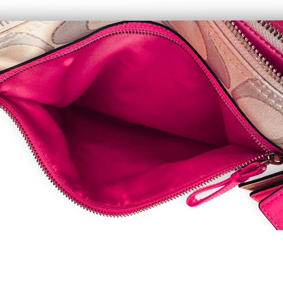 Coach Signature Gold Shimmer Canvas Crossbody Bag | Hot Pink Trim - Picture 6 of 13